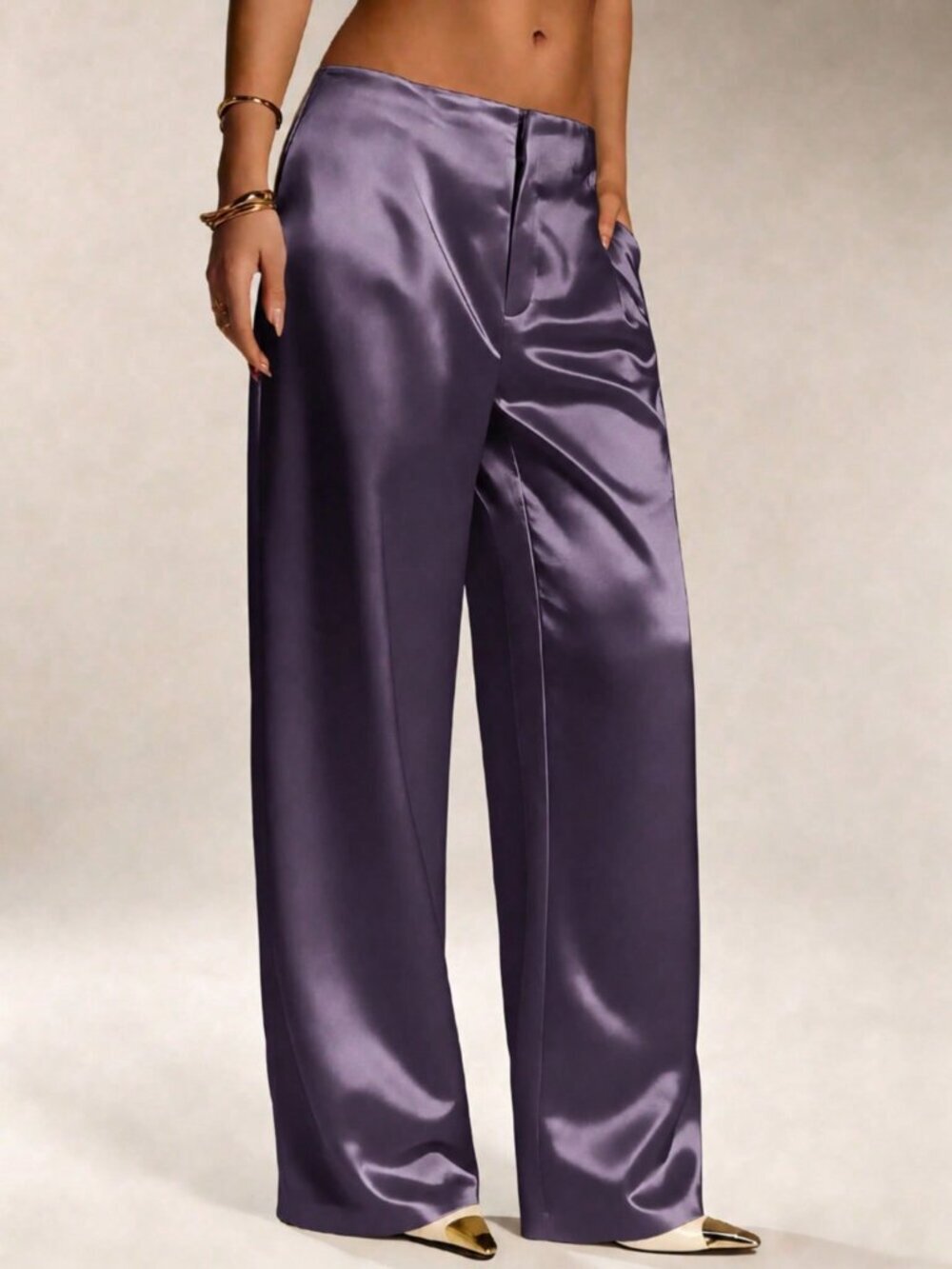 Purple Casual Women's Satin Silk Pants With Pockets And Zipper - Picture 4 of 4